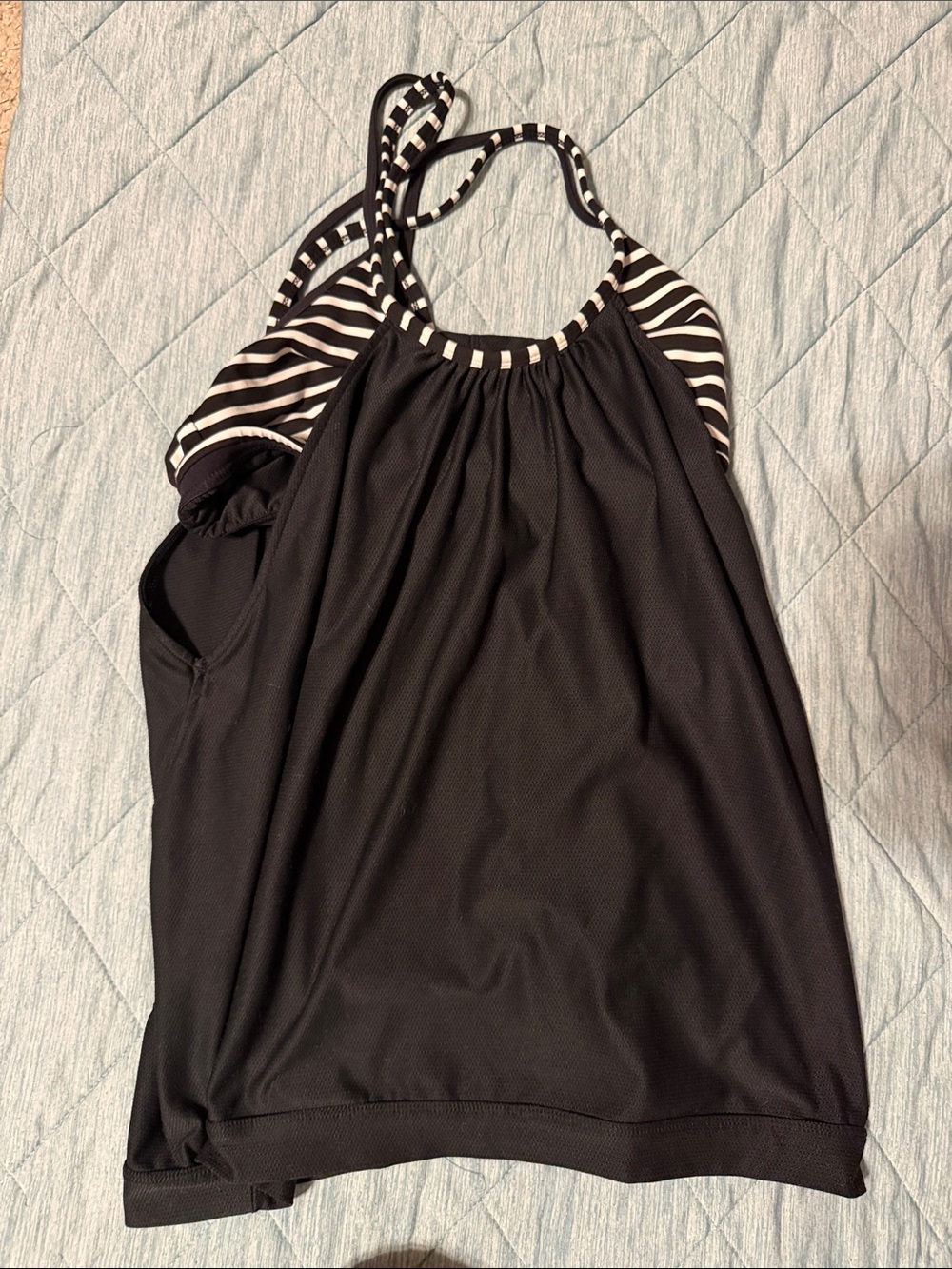 Athleta Black Halter Tank with Black-and-White Striped Trim